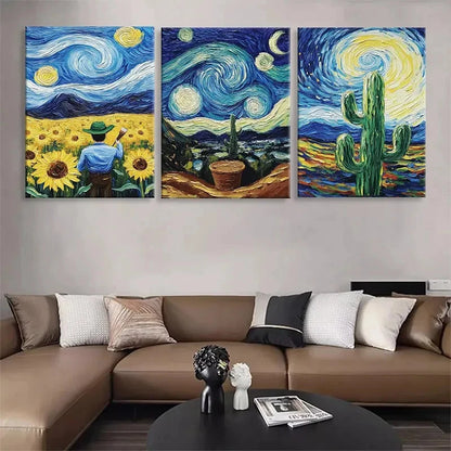 3pcs Gogh Starry Night, Sunflower & Cactus Wall Art Set Canvas Framed 60x90cm - High Quality Print 100% Australian Made Wall Canvas Ready to Hang - Bella Home Decor