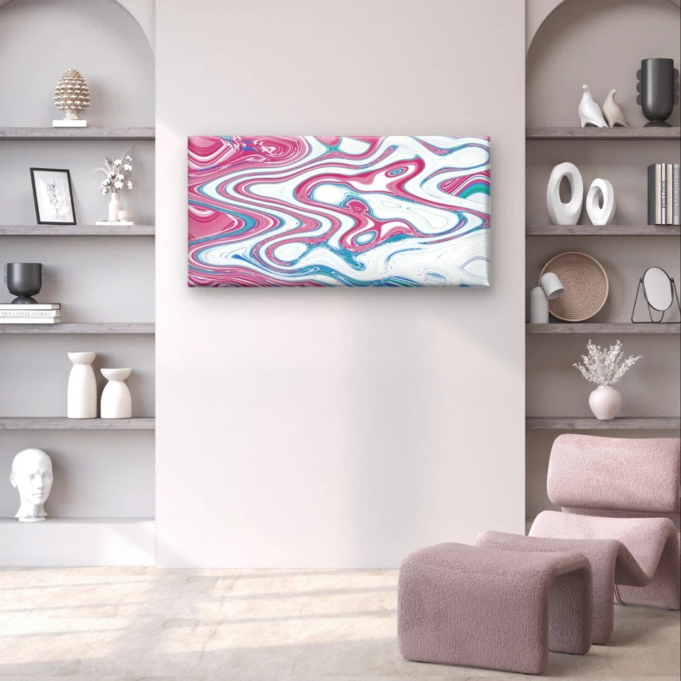 Pink and Blue Abstract Fluid Paint Wall Art Canvas Office Home Framed 120x60cm