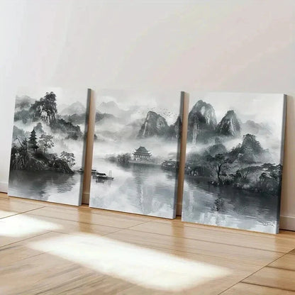 3pcs Black & White Chinese Landscape Wall Art Set Canvas Framed 40x60cm - High Quality Print 100% Australian Made Wall Canvas Ready to Hang