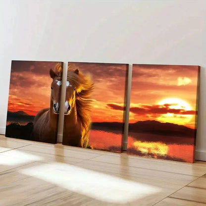 3pcs Vintage Hairy Horse at Sunset Wall Art Set Canvas Framed 40x60cm - High Quality Print 100% Australian Made Wall Canvas Ready to Hang - Bella Home Decor