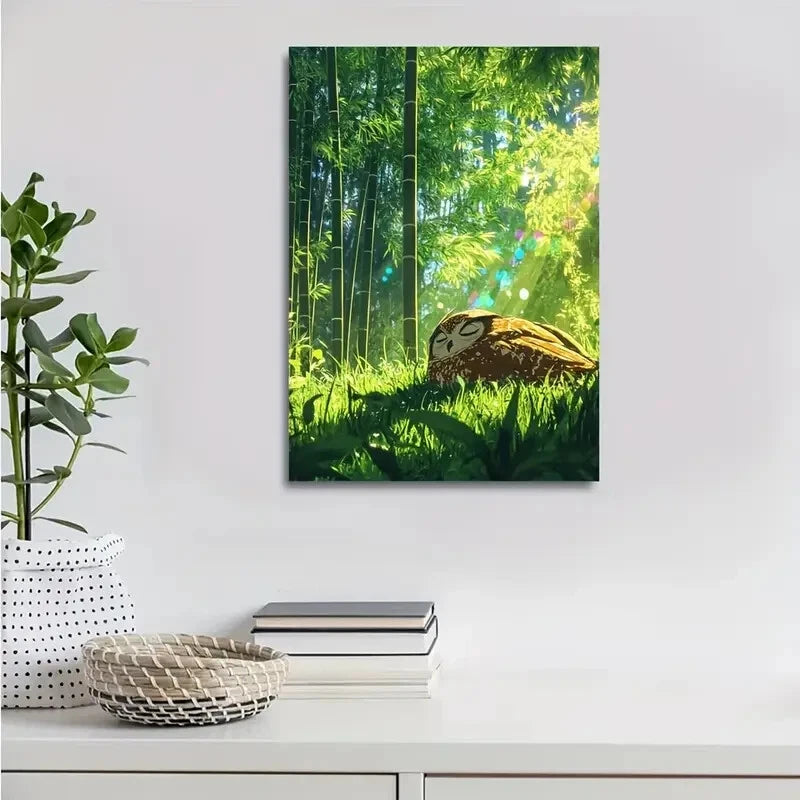 Cartoon Owl in Bamboo Grove with Rainbow 40x60cm Metal Print Ready to Hang - Bella Home Decor