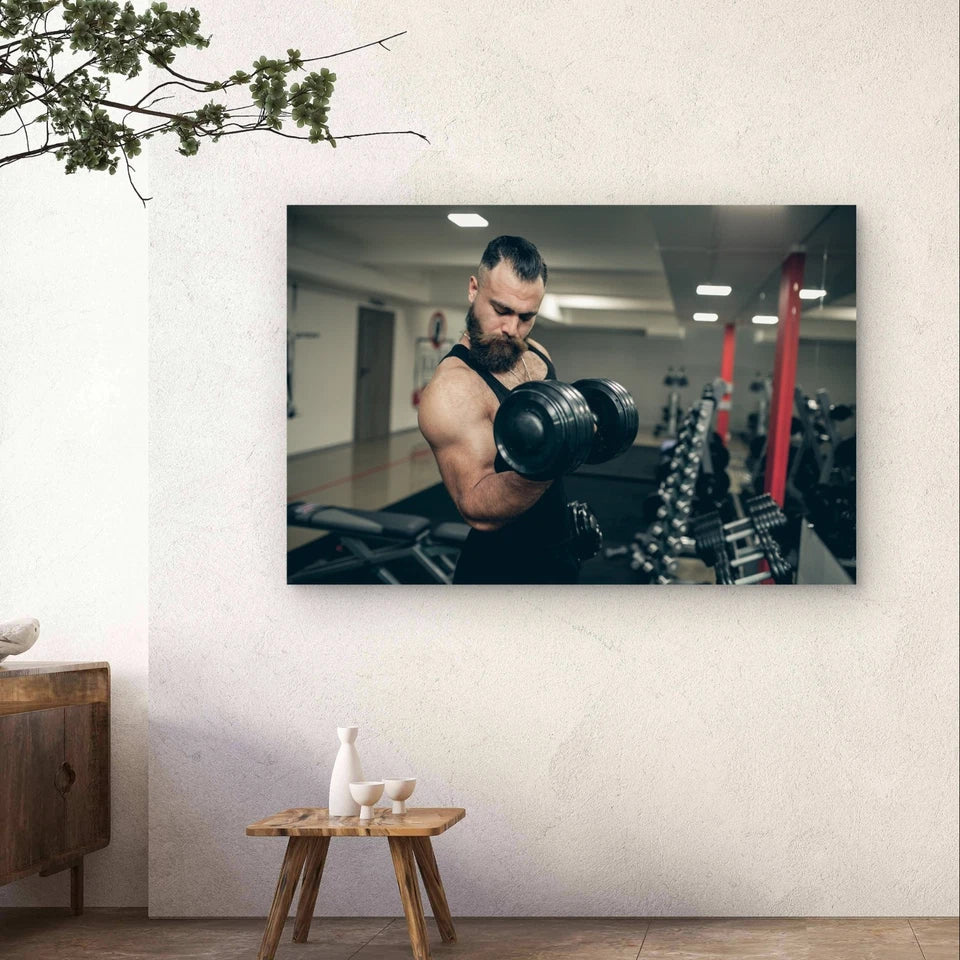 Bearded Athletic Man Lifting Dumbbells 5mm Plastic Poster Ready to Hang 90x60cm