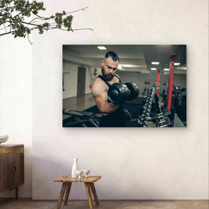 Bearded Athletic Man Lifting Dumbbells 5mm Plastic Poster Ready to Hang 90x60cm
