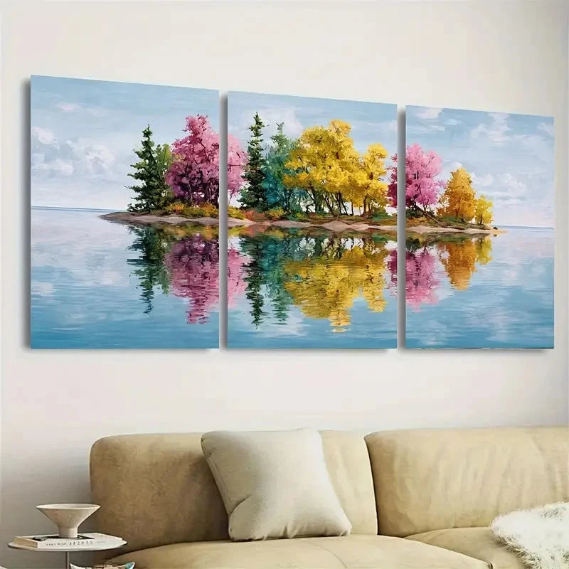 3pcs Vibrant Autumn Island Nature Reflection Wall Art Set Canvas Framed 60x90cm - High Quality Print 100% Australian Made Wall Canvas Ready to Hang