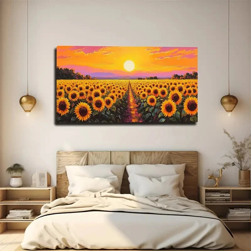 Depicts Sunflower Field Sunset Wall Art Canvas Office Home Room Framed 120x60cm - Bella Home Decor
