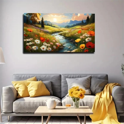 Wildflowers & Sunset Mountain Wall Art Canvas Office Home Room Framed 120x60cm