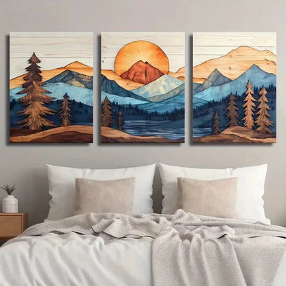 3pcs Wood Style Mountains Landscape Wall Art Set Canvas Unframed - High Quality Print 100% Australian Made Wall Canvas