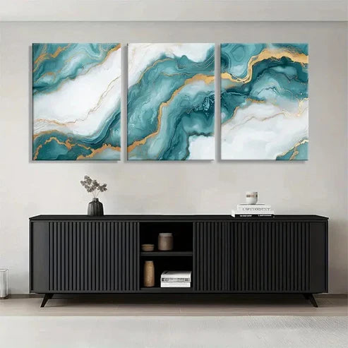 3pcs Teal and Golden Abstract Fluid Perfect Wall Art Set Canvas Unframed - High Quality Print 100% Australian Made Wall Canvas
