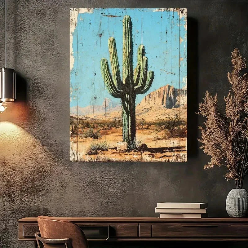 Beautiful Vintage Desert Cactus Landscape Painting 40x60cm Metal Print Ready to Hang - Bella Home Decor