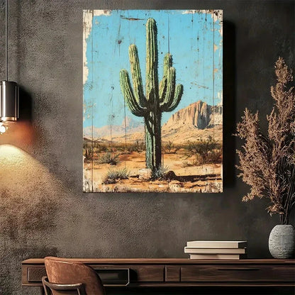Beautiful Vintage Desert Cactus Landscape Painting 40x60cm Metal Print Ready to Hang - Bella Home Decor