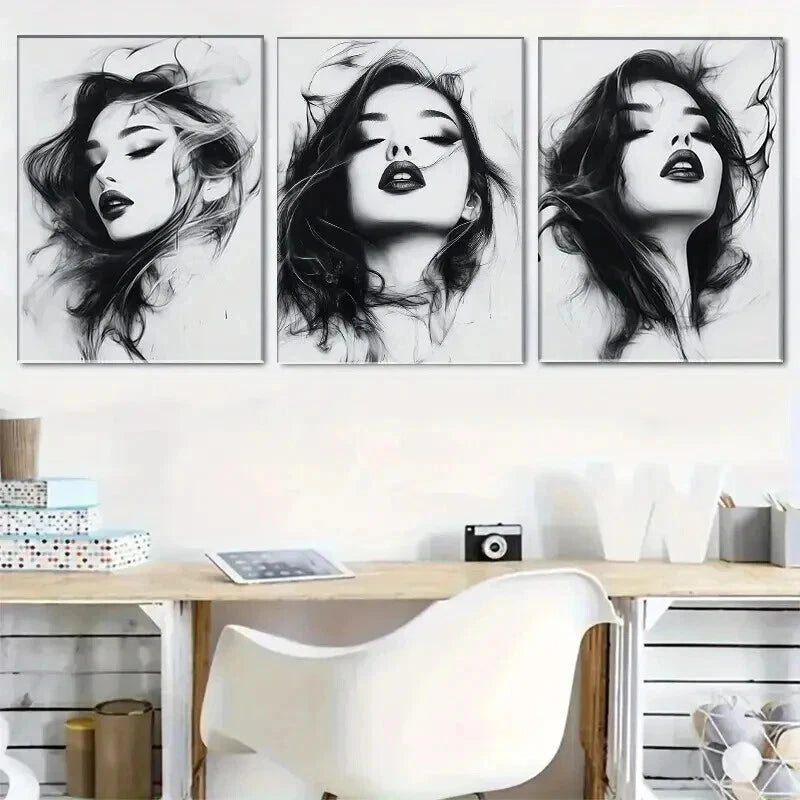 3pcs Monochrome Portrait Flowing Hair Perfect Wall Art Set Canvas Framed 60x90cm - High Quality Print 100% Australian Made Wall Canvas Ready to Hang - Bella Home Decor