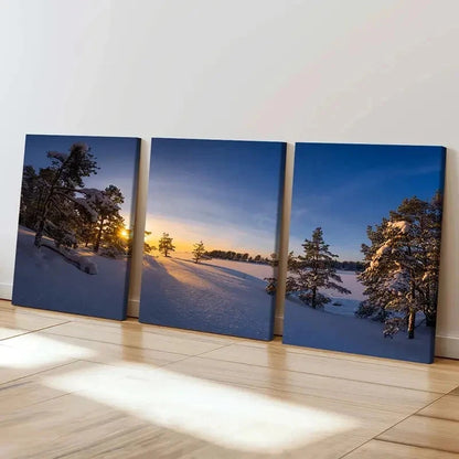 3pcs Snowscape Sunrise and Trees Modern Wall Art Set Canvas Framed 60x90cm - High Quality Print 100% Australian Made Wall Canvas Ready to Hang - Bella Home Decor