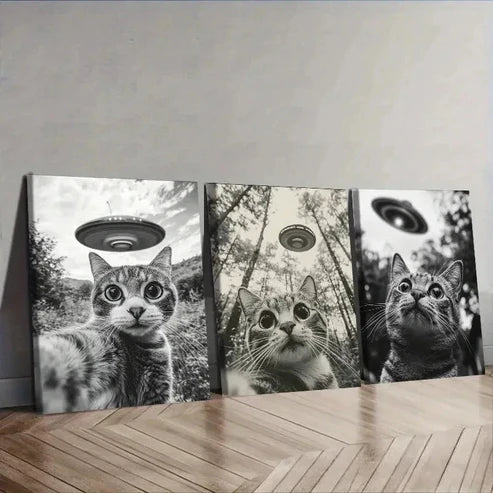 3pcs Cat Capturing a Selfie with a UFO Wall Art Canvas Unframed - High Quality Print 100% Australian Made Wall Canvas - Bella Home Decor