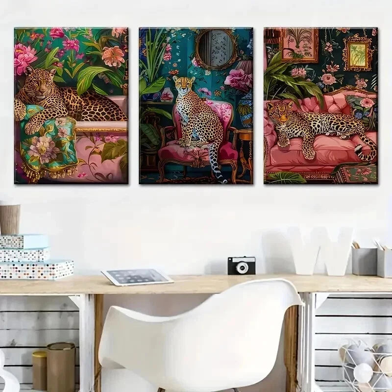3pcs Three Cheetah Stylish Murals Perfect Wall Art Set Canvas Framed 60x90cm - High Quality Print 100% Australian Made Wall Canvas Ready to Hang - Bella Home Decor