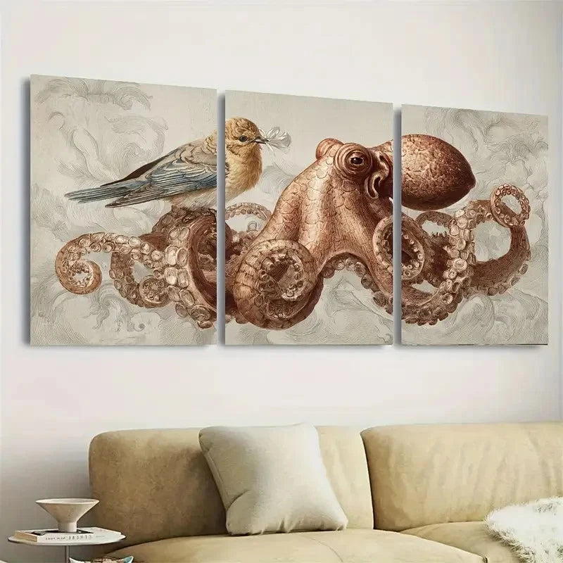 3pcs Nautical Octopus Bird Ocean Theme Wall Art Set Canvas Framed 40x60cm - High Quality Print 100% Australian Made Wall Canvas Ready to Hang