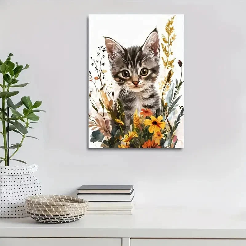 Cute Tabby Kitten with Flowers & Plants Painting 40x60cm Metal Print Ready to Hang - Bella Home Decor