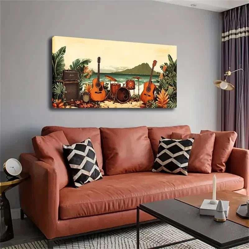 Tropical Beach Music Party Wall Art Canvas Office Home Room Framed 120x60cm