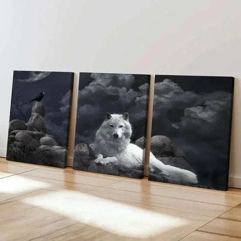 3pcs Wolf Crow Dark Style Vintage Wall Art Set Canvas Unframed - High Quality Print 100% Australian Made Wall Canvas