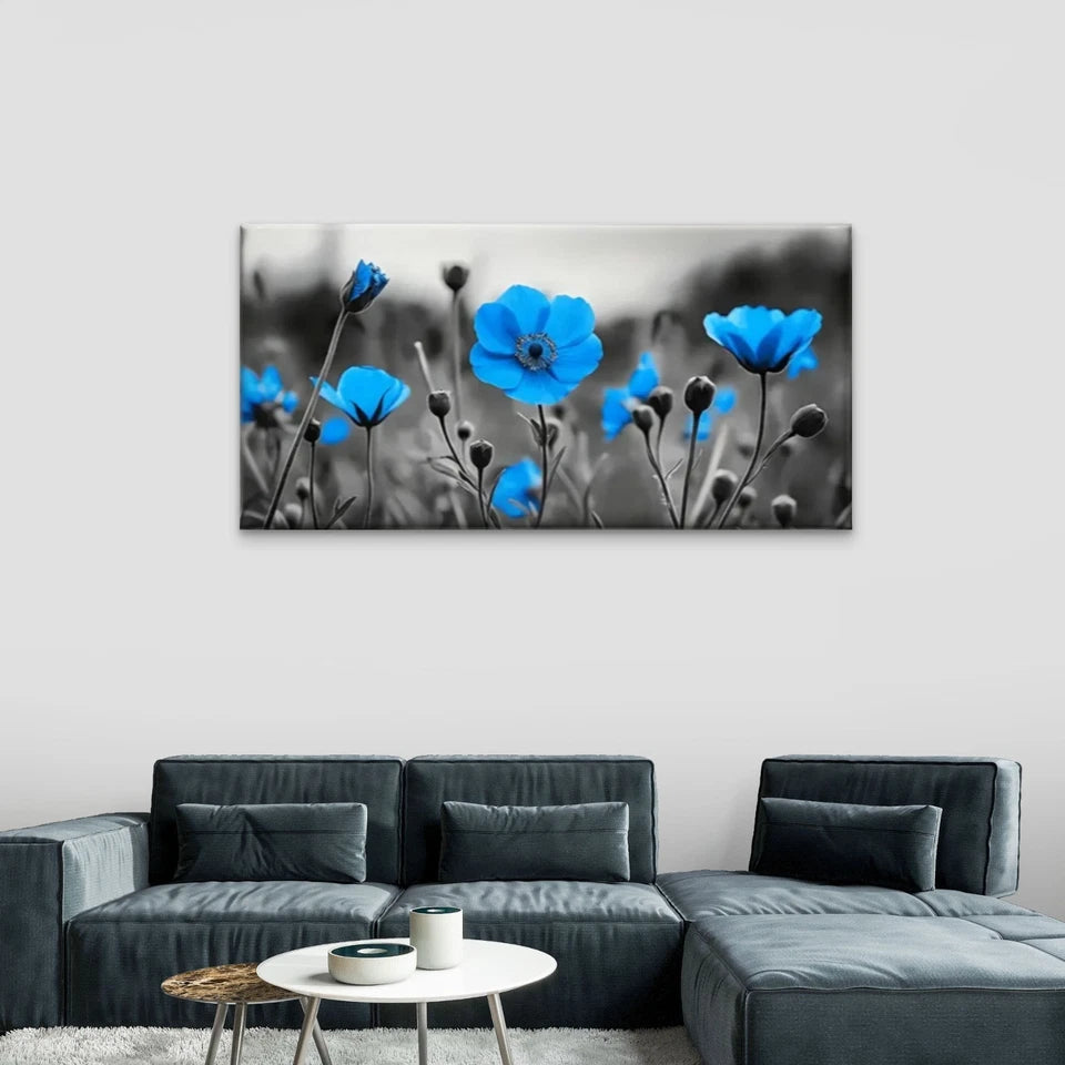 Vibrant Blue Poppy Field Wall Art Canvas Office Home Room Framed 120x60cm