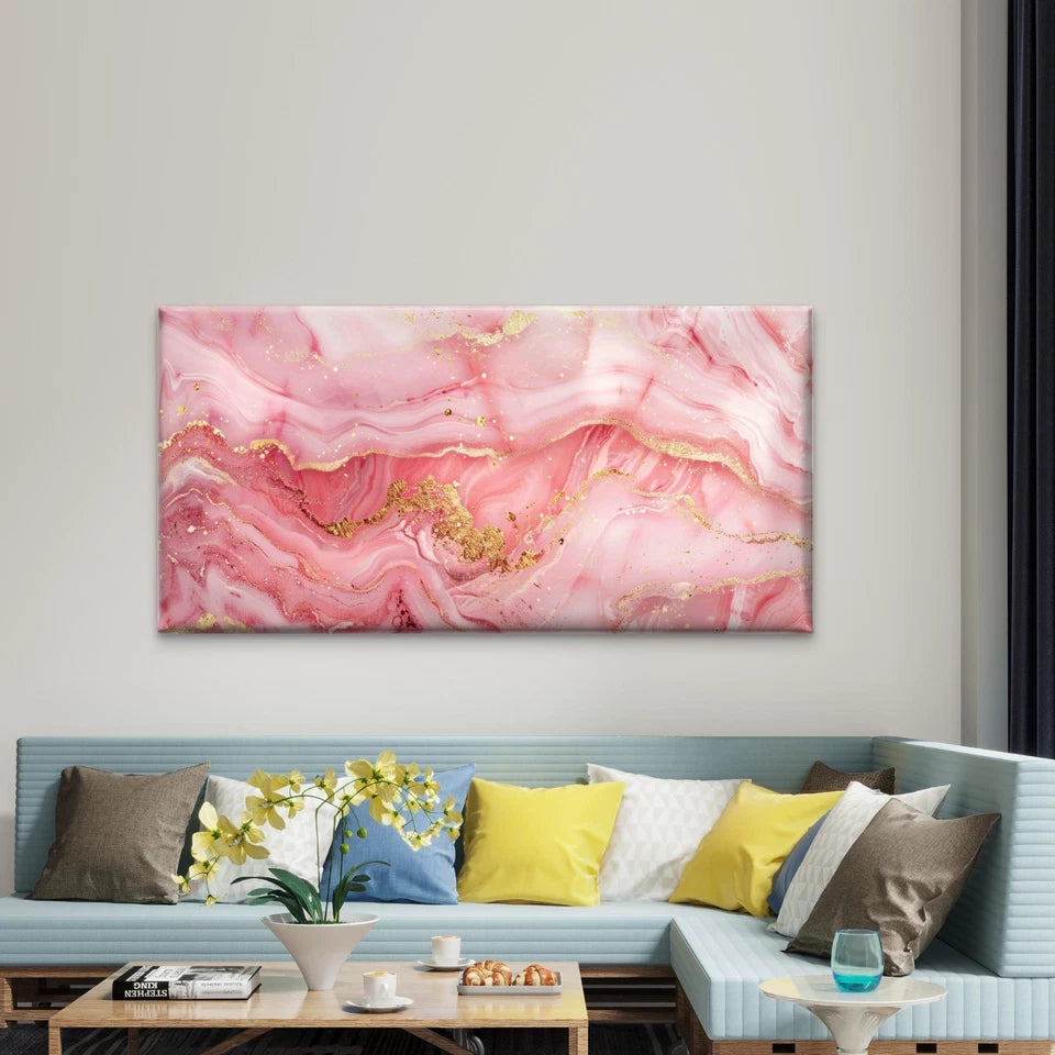 Rose Quartz Gold Abstract Wall Art Canvas Office Home Room Framed 120x60cm - Bella Home Decor