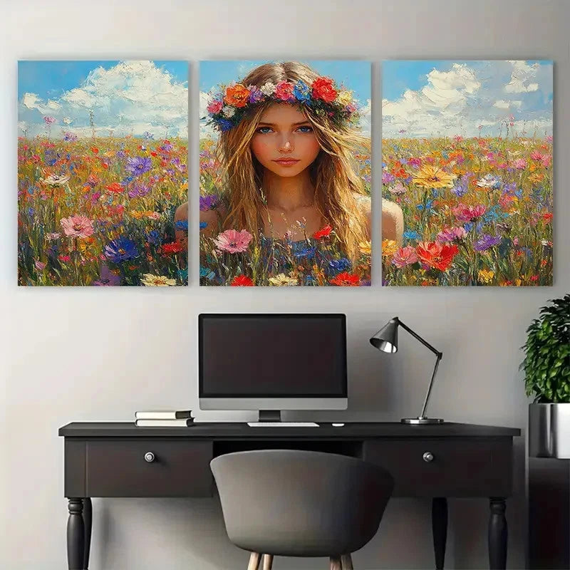3pcs Girl In A Field Of Flowers Perfect Wall Art Set Canvas Framed 40x60cm - High Quality Print 100% Australian Made Wall Canvas Ready to Hang