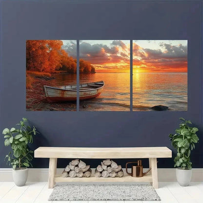 3pcs Serene Lake Scenery with Wooden Boat Wall Art Set Canvas Framed 40x60cm - High Quality Print 100% Australian Made Wall Canvas Ready to Hang - Bella Home Decor