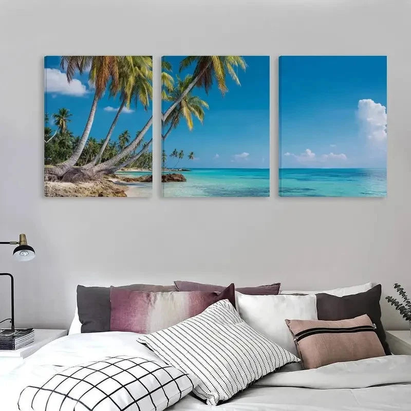 3pcs Australian Beach Waters & Palm Trees   Wall Art Set Canvas Framed 60x90cm - High Quality Print 100% Australian Made Wall Canvas Ready to Hang - Bella Home Decor
