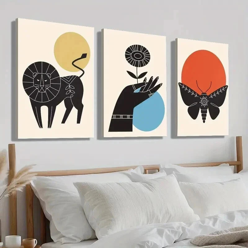 3pcs Geometric Lion Butterfly & Floral Perfect Wall Art Set Canvas Framed 50x70cm - High Quality Print 100% Australian Made Wall Canvas Ready to Hang - Bella Home Decor