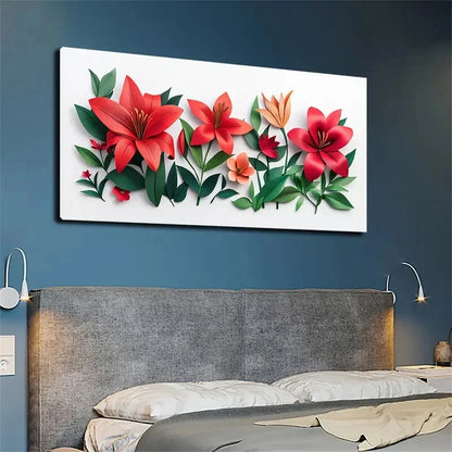 Vibrant Red Lilies Greenc Leave Wall Art Canvas Office Home Room Framed 120x60cm - Bella Home Decor