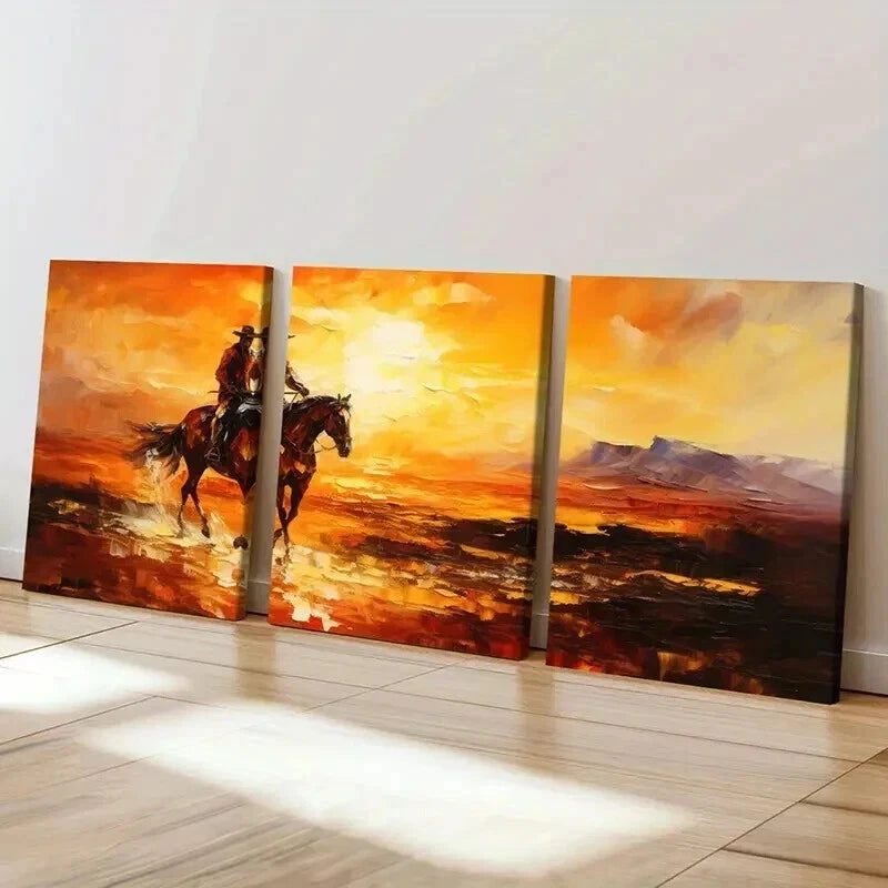 3pcs Cowboy on Horse in Sunset Landscape Wall Art Set Canvas Framed 50x70cm - High Quality Print 100% Australian Made Wall Canvas Ready to Hang - Bella Home Decor