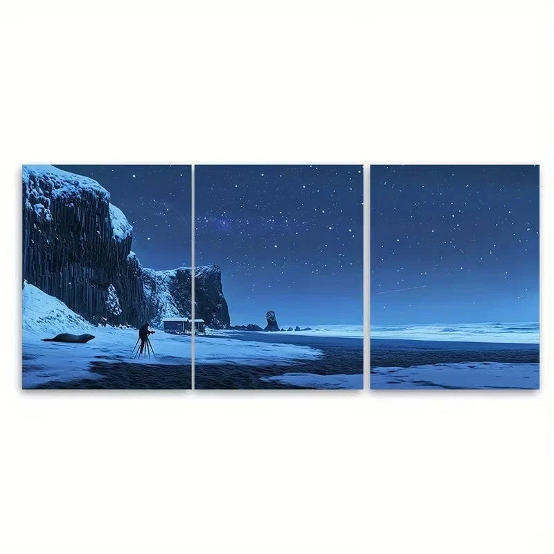 3pcs Black Sand Under Aurora Borealis Wall Art Set Canvas Framed 60x90cm - High Quality Print 100% Australian Made Wall Canvas Ready to Hang