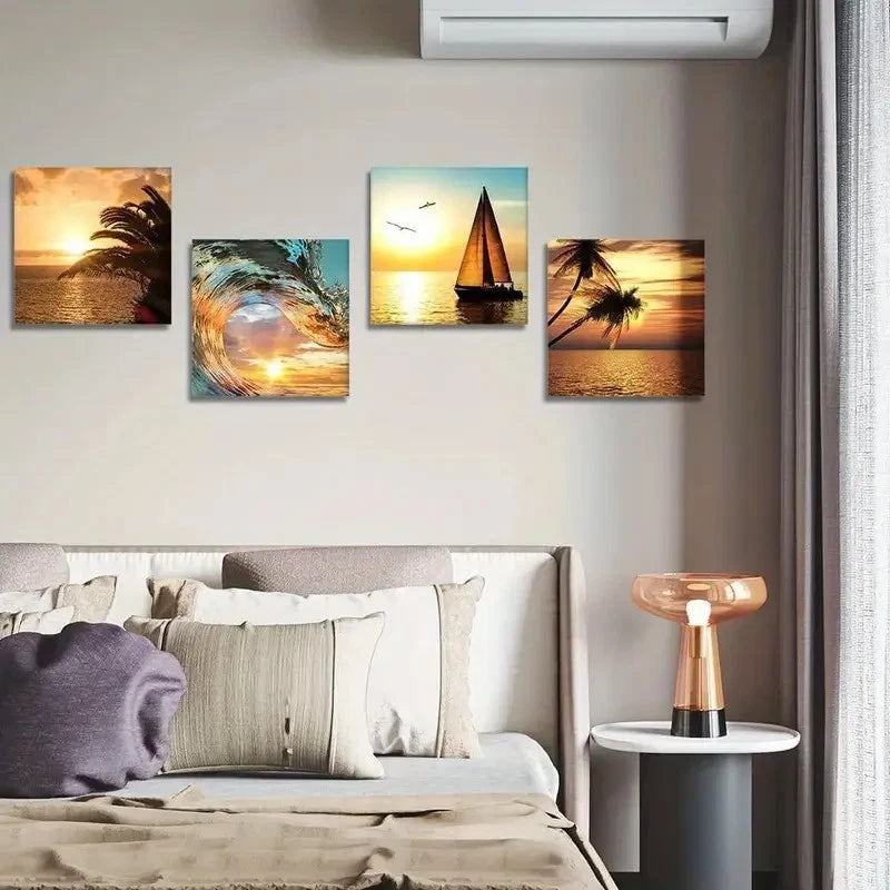 4pcs Tropical Beach Wall Art Canvas Framed