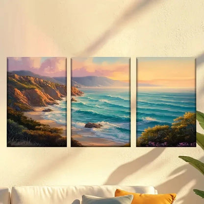 3pcs  Painting of a Beach Scene with Waves  Wall Art Set Canvas Framed 40x60cm - High Quality Print 100% Australian Made Wall Canvas Ready to Hang - Bella Home Decor