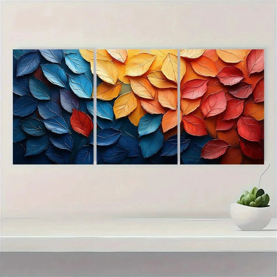 3pcs Abstract Autumn Leaves Vibrant Red Orange Metal Print Ready to Hang Art - Bella Home Decor