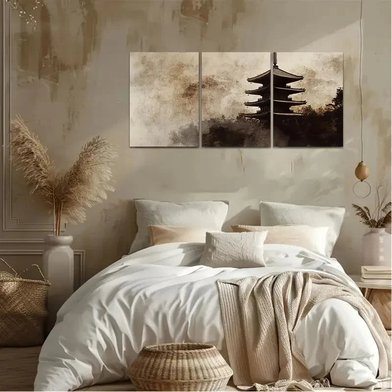 3pcs Japanese pagoda under the northern lights  Wall Art Canvas Framed 40x60cm - High Quality Print 100% Australian Made Wall Canvas Ready to Hang - Bella Home Decor