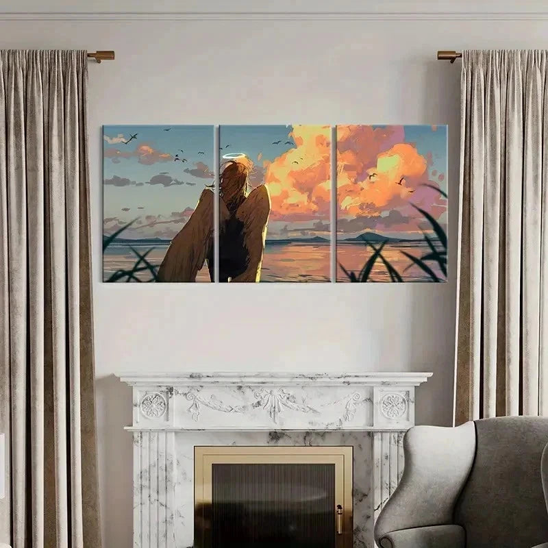 3pcs Anime Angel at Sunset Beach Scene Wall Art Set Canvas Framed 50x70cm - High Quality Print 100% Australian Made Wall Canvas Ready to Hang - Bella Home Decor