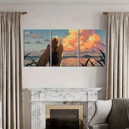 3pcs Anime Angel at Sunset Beach Scene Wall Art Set Canvas Framed 50x70cm - High Quality Print 100% Australian Made Wall Canvas Ready to Hang - Bella Home Decor