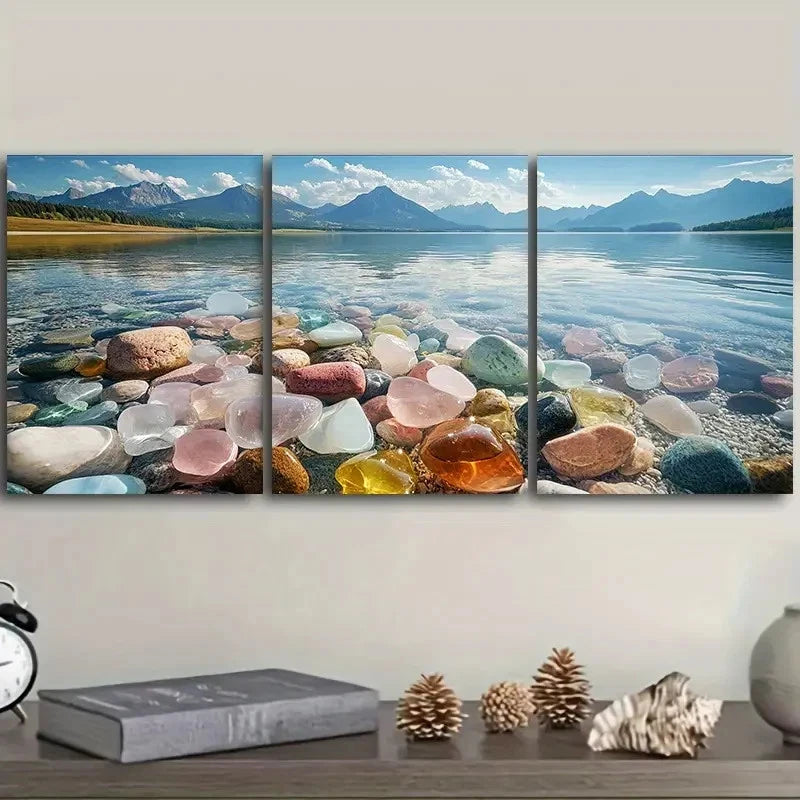 3pcs Vibrant River Stones Design Wall Art Set Canvas Framed 40x60cm - High Quality Print 100% Australian Made Wall Canvas Ready to Hang - Bella Home Decor