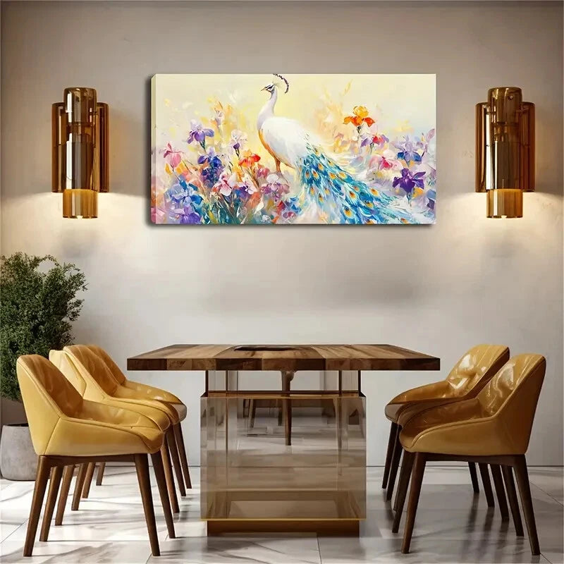 White Peacock Surrounded Flower Wall Art Canvas Office Home Room Framed 120x60cm - Bella Home Decor