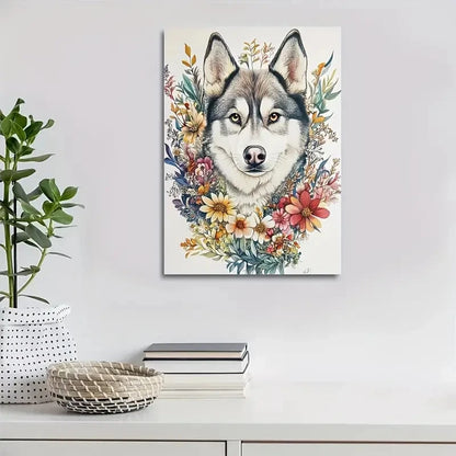 Cute Siberian Husky with Vibrant Floral Painting 40x60cm Metal Print Ready to Hang - Bella Home Decor