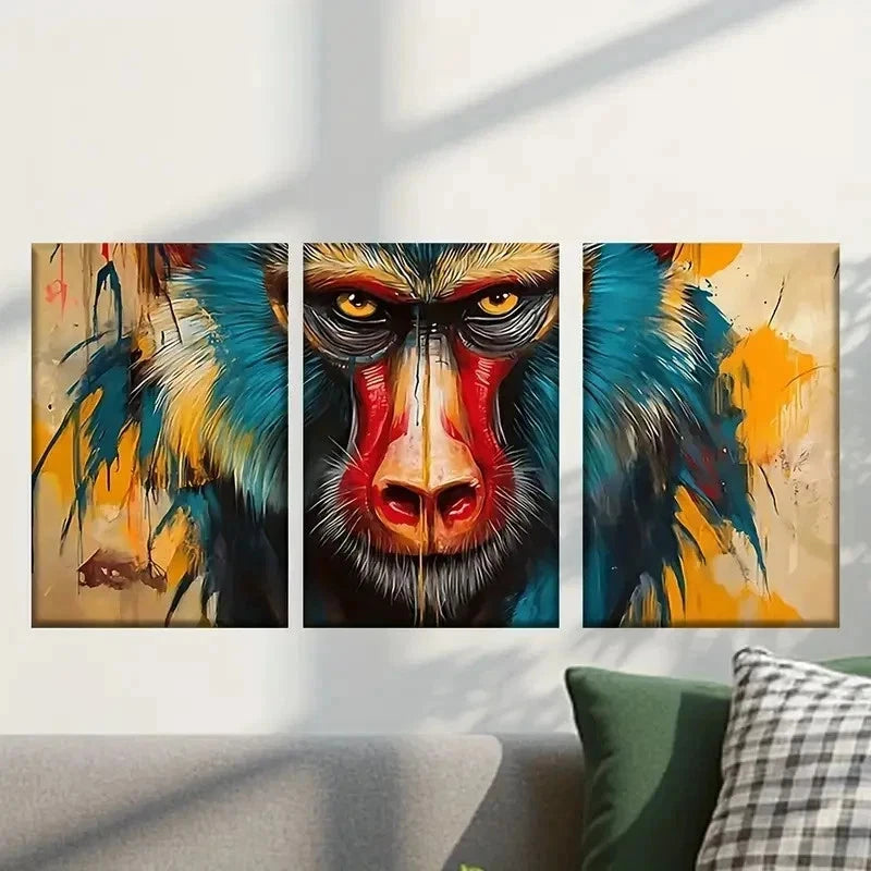 3pcs Monkey with a Red Nose and Blue Eyes Wall Art Set Canvas Framed 50x70cm - High Quality Print 100% Australian Made Wall Canvas Ready to Hang