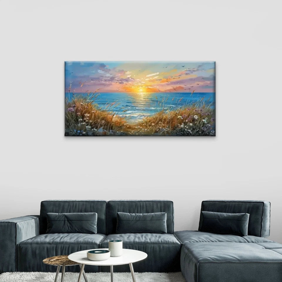 Ocean Sunset Flowers Field Wall Art Canvas Office Home Room Framed 120x60cm