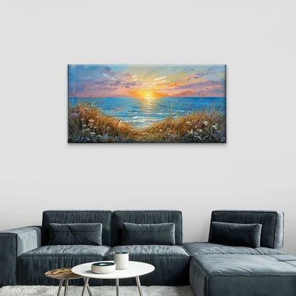 Ocean Sunset Flowers Field Wall Art Canvas Office Home Room Framed 120x60cm