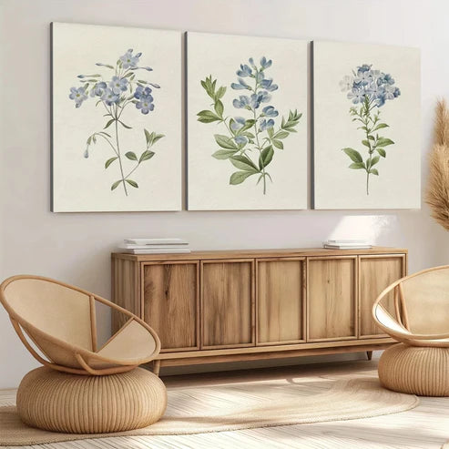 3pcs Vintage Botanical Blue Flowers Green Leaves Wall Art Set Wall Art Canvas Unframed – High Quality Print 100% Australian Made Wall Canvas - Bella Home Decor