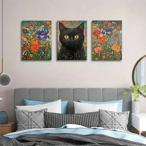 3pcs Feline Black Cat And Floral Garden Wall Art Set Canvas Unframed - High Quality Print 100% Australian Made Wall Canvas