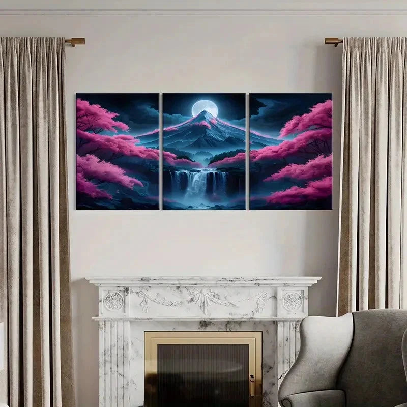 3pcs Sakura Mountain Waterfall Modern Wall Art Set Canvas Framed 40x60cm - High Quality Print 100% Australian Made Wall Canvas Ready to Hang