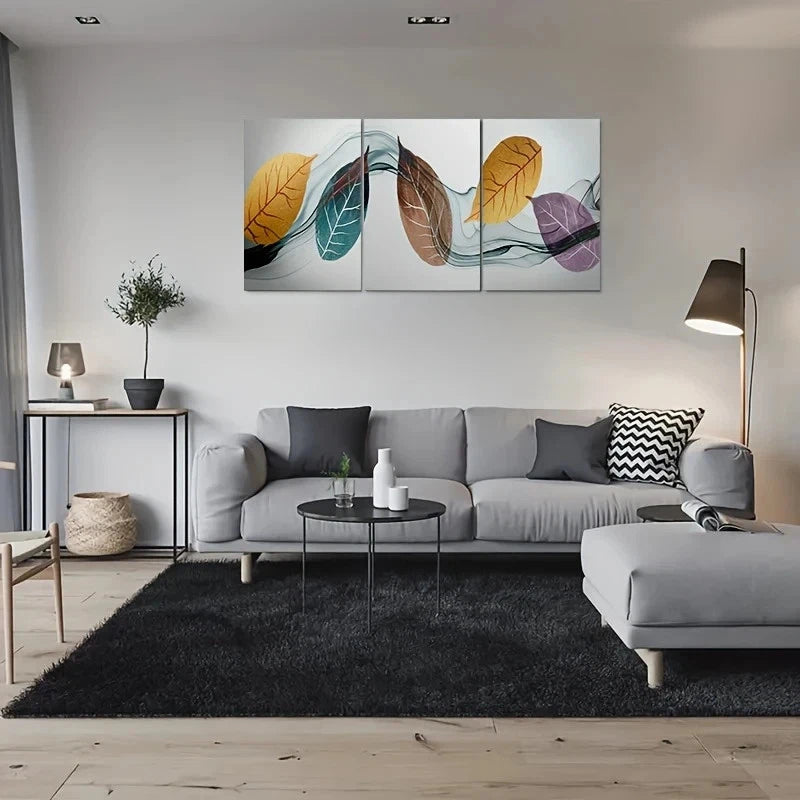 3pcs Modern Abstract Leaf Golden Blue Purple Metal Print Ready to Hang Art