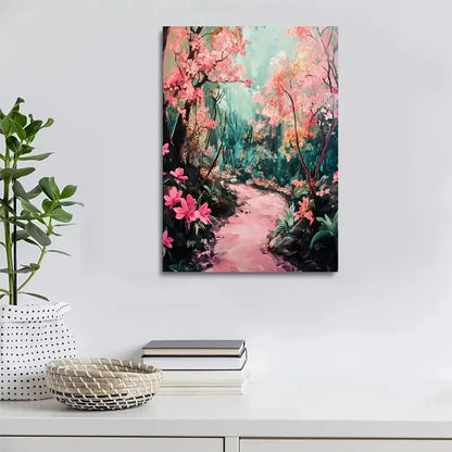 Lush Peach Forest Painting with Vibrant Pink Blossoms 40x60cm Metal Print Ready to Hang - Bella Home Decor