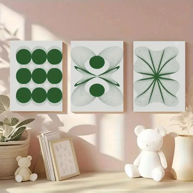 3pcs Green & White Abstract Line Art Prints Metal Print Ready to Hang Art