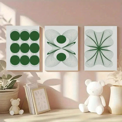 3pcs Green & White Abstract Line Art Prints Metal Print Ready to Hang Art